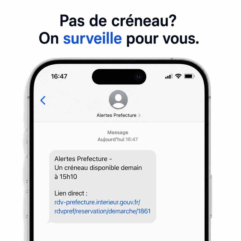Exemple d'alerte RDV préfecture reçue par SMS
